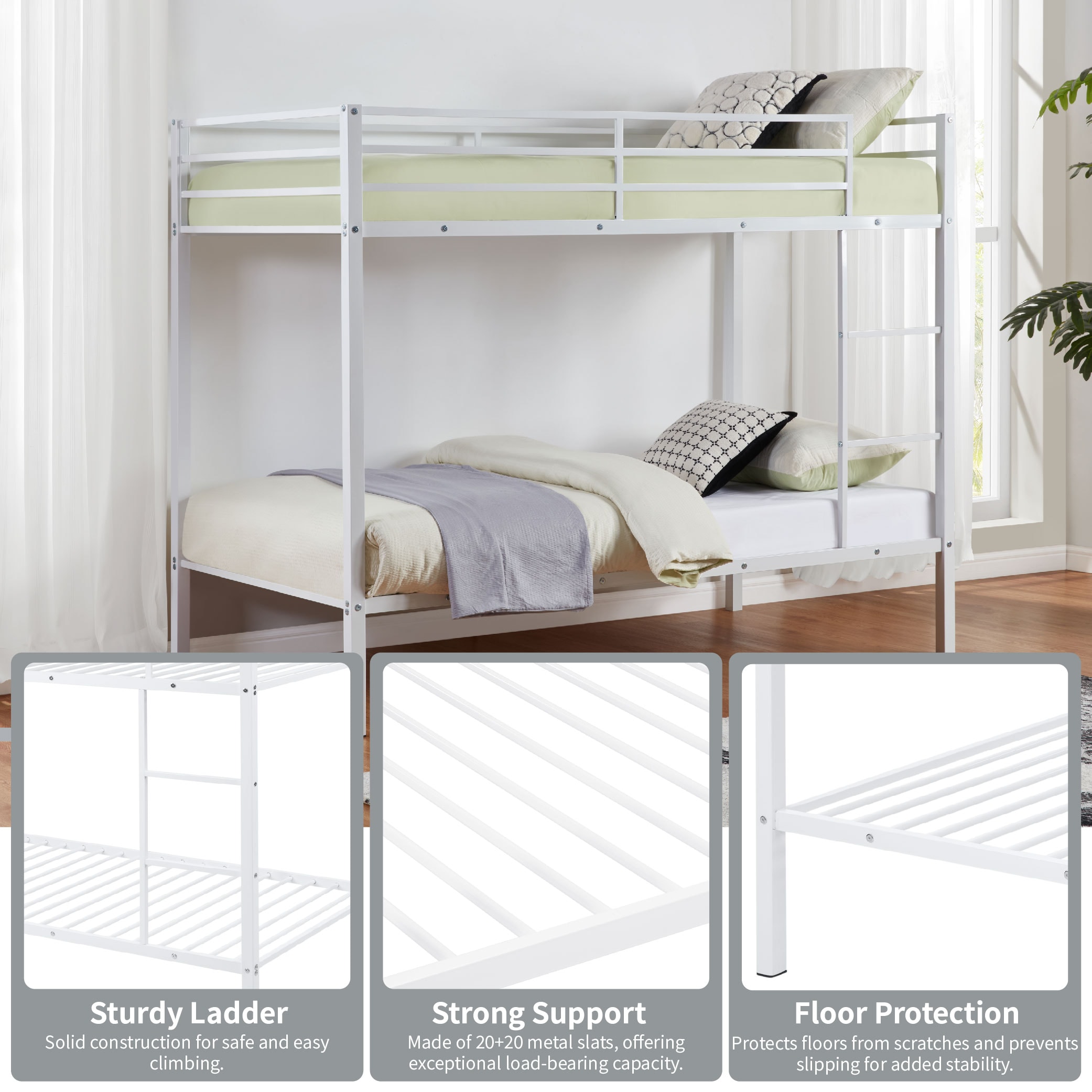 Metal Bunk Bed Twin Over Twin, Low Profile Bunk Bed Frame withBuilt-in Ladder, High Guardrail and Metal Slats, Space-Saving Twin Size Bed Frame for Kids Teens, No Box Spring Required, White Metal Bunk Bed Twin Over Twin, Low Profile Bunk Bed Frame withBuilt-in Ladder, High Guardrail and Metal Slats, Space-Saving Twin Size Bed Frame for Kids Teens, No Box Spring Required, White